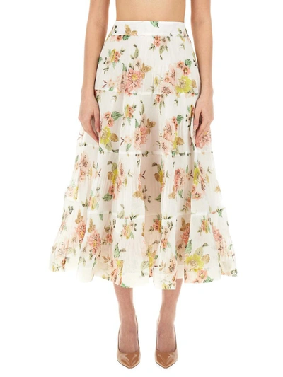 Zimmermann Pleated Floral-print Georgette Midi Skirt In Coral Floral