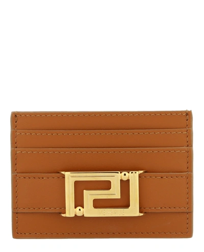 Versace Greca Goddess Leather Cardholder In Brown