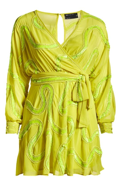 Asos Design Rouleaux Loop Tie Waist Mini Dress With Swirl Embellishment-green