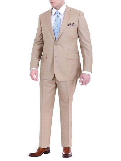 Pre-owned Label M Men's Regular Fit Tan Light Brown Two Button 2 Piece 100% Wool Suit