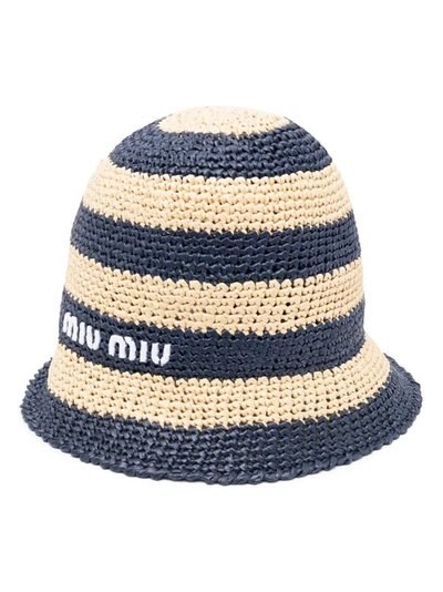 Miu Miu Striped Bucket Hat In Blue