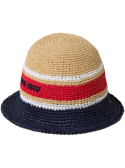Miu Miu Logo-embroidered Woven Bucket Hat In Cream