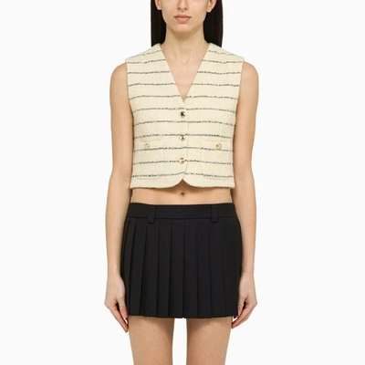 Miu Miu Wool Blend Ivory/blue Striped Cropped Waistcoat Women In Multicolor