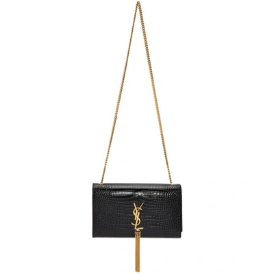 Saint Laurent Kate Monogram Croc-embossed Leather Tassel Chain Shoulder Bag In Black