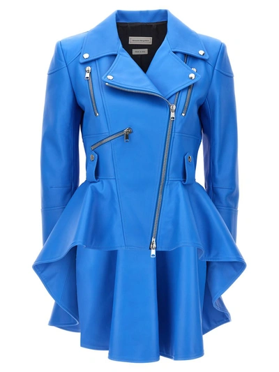 Alexander Mcqueen Peplum Biker Jacket In Azul Claro