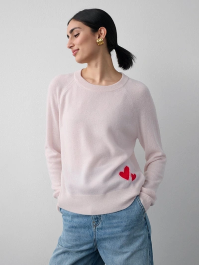 White + Warren Cashmere Embroidered Heart Sweatshirt In Pink Sand Combo