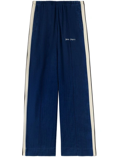 Palm Angels Side-stripe Chambray Trousers In Blue