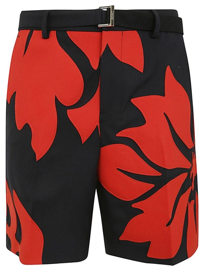 Sacai Floral Embroidered Patch Suiting Shorts In Navy Red