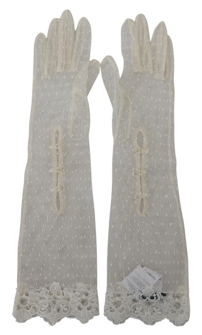 Dolce & Gabbana White Lace Elbow Length Mitten Cotton Gloves