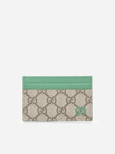 Gucci Gg Fabric And Leather Card Case In Beige,ebony,green