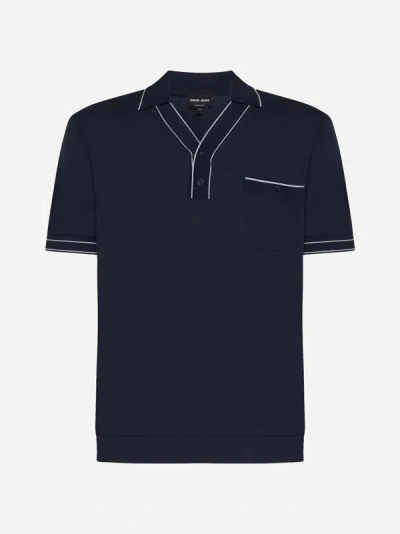 Giorgio Armani Viscose And Wool Polo Shirt In Midnight Blue