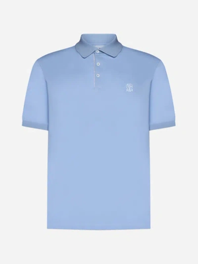 Brunello Cucinelli Cotton Piquet Polo With Logo In Blue