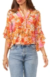 VINCE CAMUTO FLORAL RUFFLE SLEEVE CHIFFON TOP