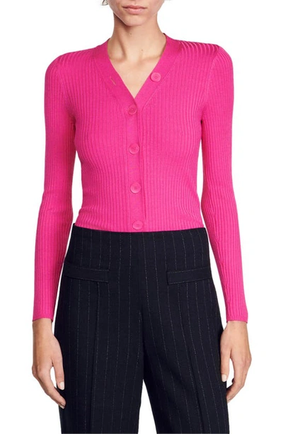 Sandro Ribbed V-neck Cardigan In Fushia