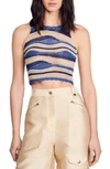 Sandro Metallic Open-knit Crop Top In Blue / Gold