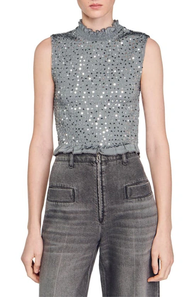 Sandro Yahir Sequin Smocked Sleeveless Crop Top In Grey