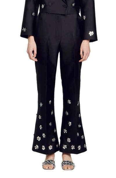 Sandro Flower-embellished Flared Trousers In Black
