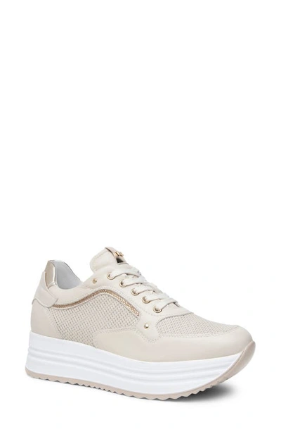 Nerogiardini Perforated Leather Platform Trainers In Beige/khaki