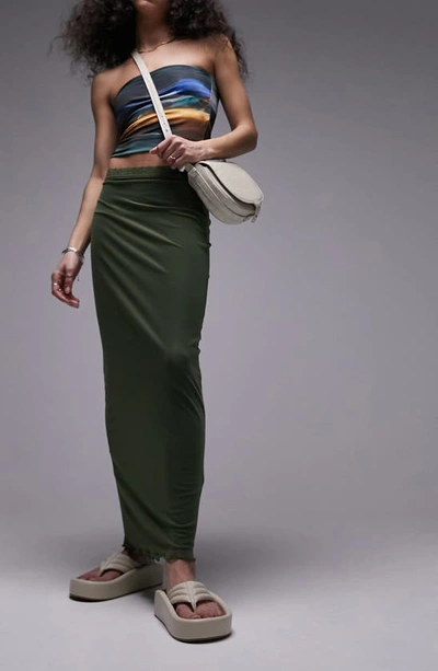 Topshop Mesh Lace Trim Midi Skirt In Khaki-green In Multi