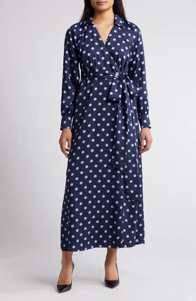 Anne Klein Polka Dot Long Sleeve Faux Wrap Dress In Mdnght Nvy/ Cape Blue