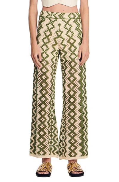 Sandro Crochet-knit Straight-leg Trousers In Ecru Olive Green