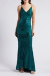 LULUS GLOWING ALL NIGHT EMERAL SEQUIN SLEEVELESS MERMAID GOWN
