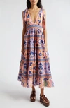 FARM RIO SEASHELL TAPESTRY TIE STRAP TIERED MIDI DRESS