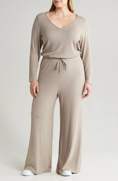 Beyond Yoga So Chic Tie Waist Long Sleeve Rib Jumpsuit In Beige