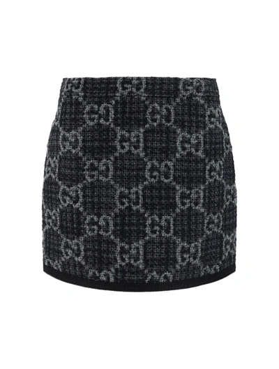 Gucci Womens Dark Grey Grey Monogram-pattern Wool And Cotton-blend Mini Skirt In Dar Grey/grey