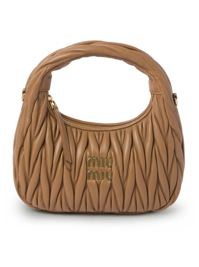 Miu Miu Wander Hobo Bag In Quilted Nappa In Nude & Neutrals