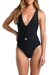 L Agence Lisa Solid Plunge One-piece Swimsuit In Black