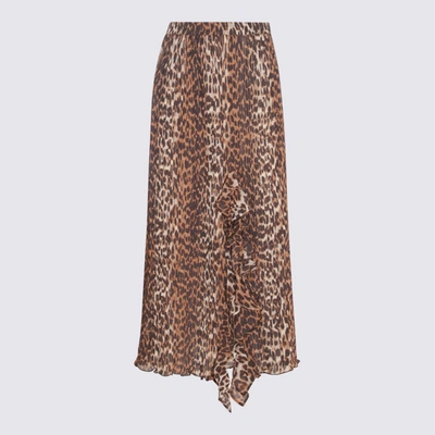Ganni Leopard Pleated Georgette Midi Flounce Skirt In Beige
