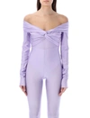 The Andamane Kendall Off The Shoulder Lycra Bodysuit In 연보라색