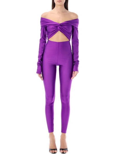 The Andamane Kendall Shiny Stretch Lycra Jumpsuit In Purple