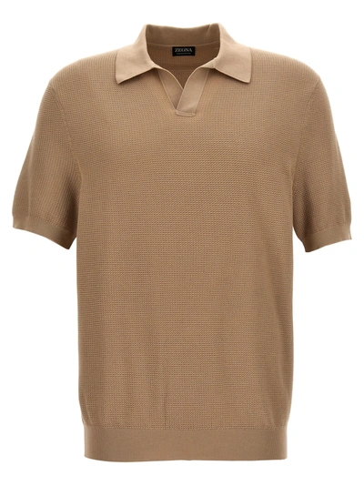 Zegna Knitted Polo Shirt In Beige
