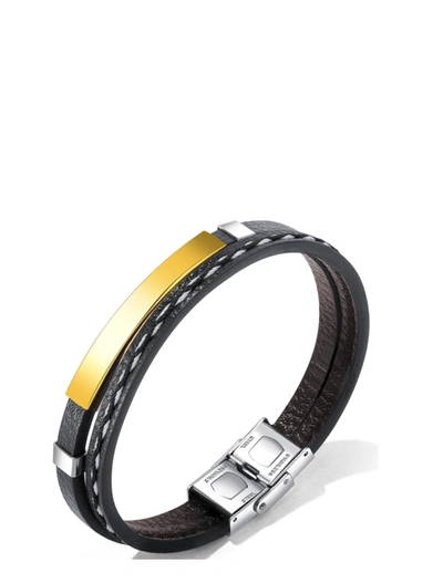 Stephen Oliver 18k Gold Two Tone Black Leather Id Bracelet