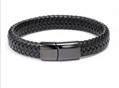 Stephen Oliver Black Plated Black Leather Bracelet