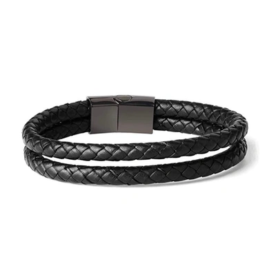 Stephen Oliver Black Plated Double Row Leather Bracelet