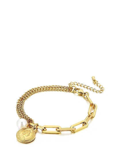 Liv Oliver 18k Gold & Pearl Coin Charm Bracelet