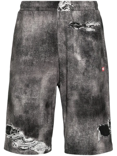 Diesel Distressed-print Cotton Track Shorts In Black