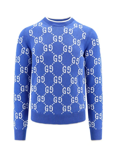 Gucci Gg Cotton Intarsia Jumper In Blue