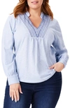NIC + ZOE BLUELINE EMBROIDERED COTTON PEASANT TOP