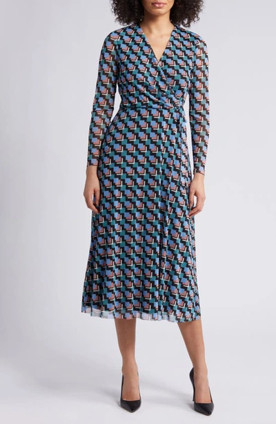 Anne Klein Geo Print Long Sleeve Faux Wrap Midi Dress In Anne Black,cape Blue