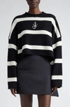 Jw Anderson Anchor Logo Striped Crop Cashmere Sweater In Black