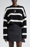 Jw Anderson Anchor Logo Striped Crop Cashmere Sweater In Black And White