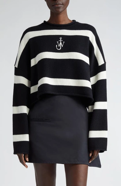 Jw Anderson Anchor Logo Striped Crop Cashmere Sweater In Black White Stripe