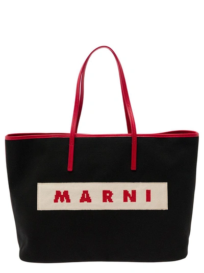 Marni 'small Janus' Black Tote Bag With Logo Patch In Cotton Woman