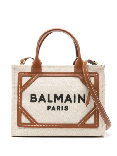 Balmain B-army Small Canvas And Leather Trims Tote Bag In Neutrals