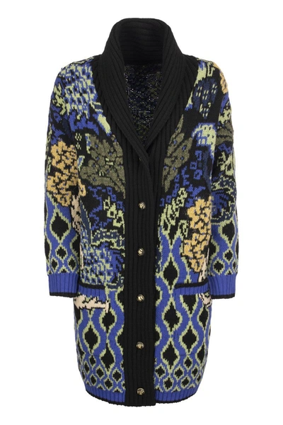 Etro Long Cardigan With Floral Motifs In Blue/black