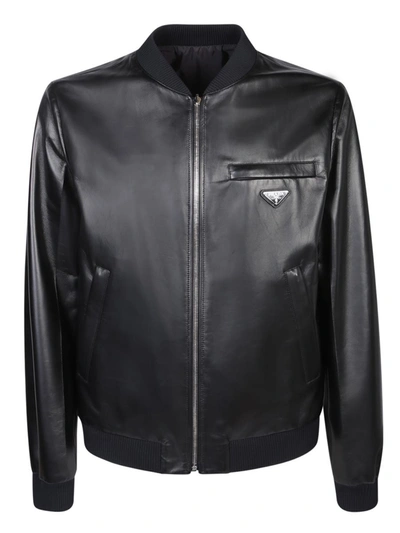 Prada Reversible Nappa Leather And Nylon Bomber Jacket In Black